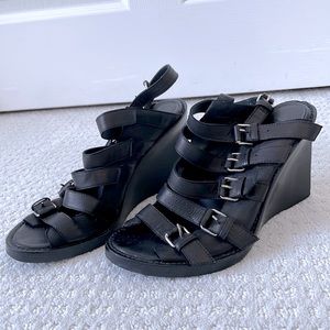 Ann Demeulemeester Black Leather Buckles Wedge Booties Sandals Size 39.5